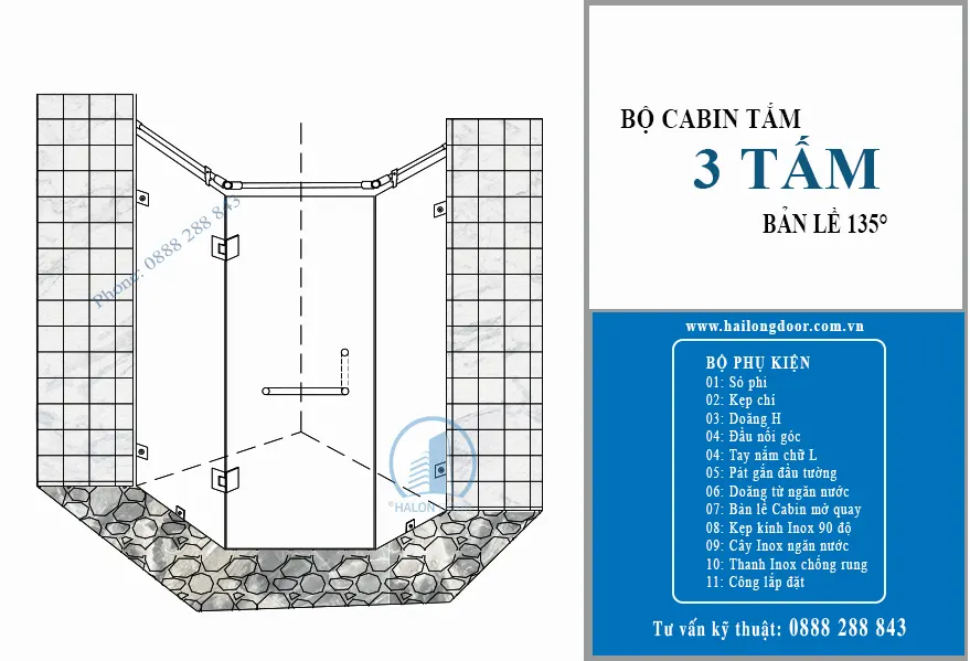 Bộ cabin tắm mở quay 3 tấm