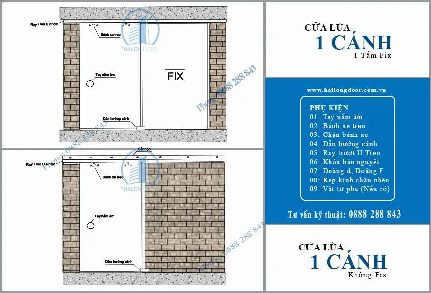 Cửa kính lùa treo ray nhôm 1 cánh không fix