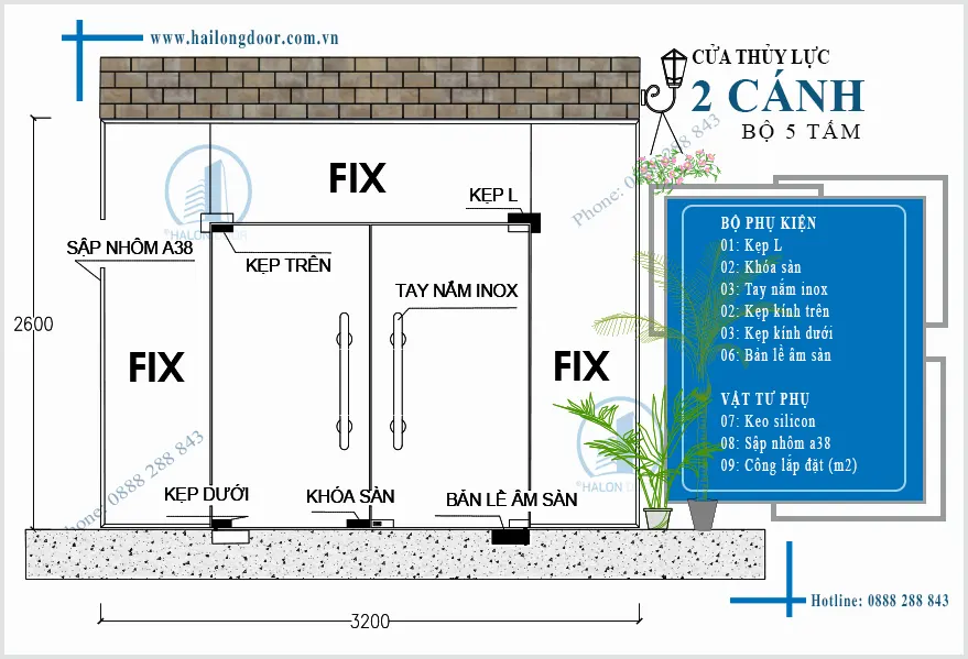 Bản vẽ bộ phụ kiện cửa kính cường lực